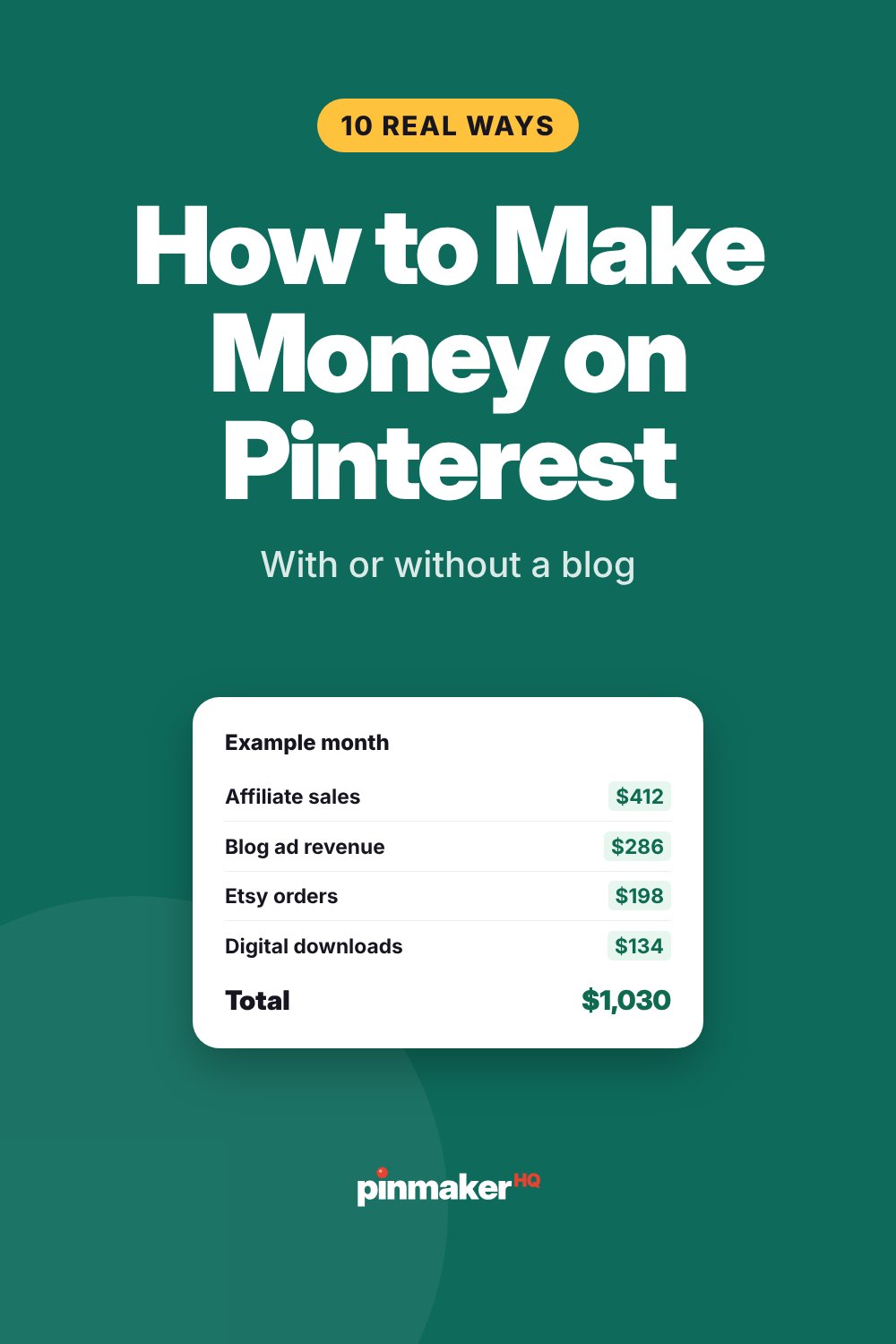 Pin: How to make money on Pinterest, 10 real ways, with an example monthly income breakdown