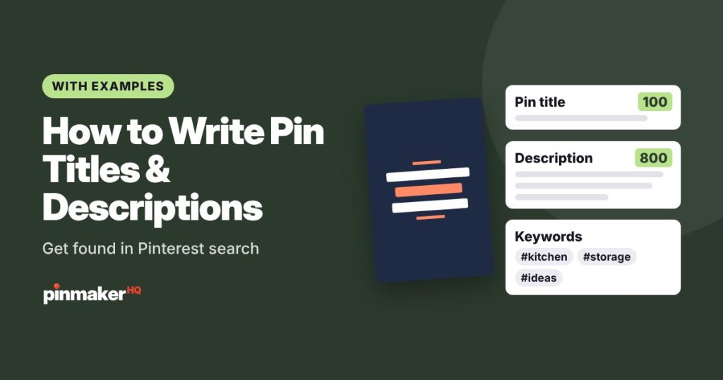 Example Pinterest pin next to fields for a pin title of 100 characters, a description of 800 characters and keywords