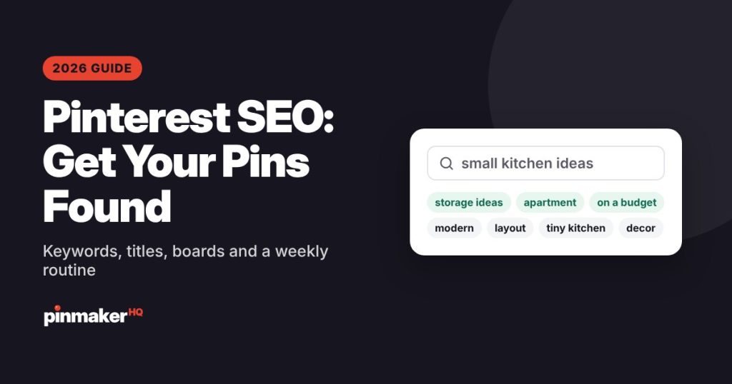 Guide cover: Pinterest SEO, get your pins found, with a Pinterest search box and keyword suggestions